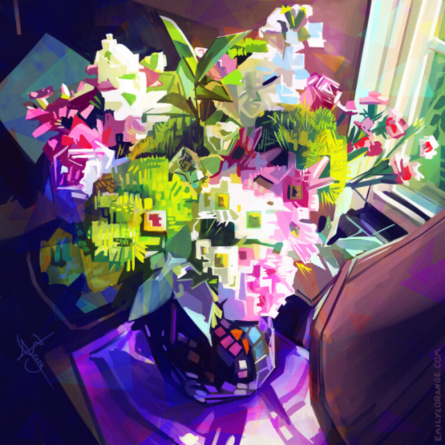 a digital speedpainting of an abstracted vase of flowers, sitting on a table in front of a window. the flowers are shades of pink, white, and green, lit by the sunlight. the shadows are a brilliant blue. all the shapes in the painting have been turned into polygons, lines, and squares.