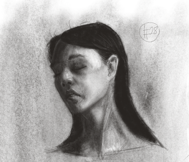 A drawing of a woman with her head tilted down and slightly to the viewer's left. There is light coming from the viewer's right and the other side of her face is in shadow. Toward the top right there is a circle with the number 28 in it.