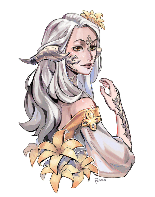 A digital portrait of a FFXIV Auri character. She has a pale skin, white hair and a pair of ivory horns.  She has a yellow lily flower in her hair, which looks especially good with her bright yellow eyes.