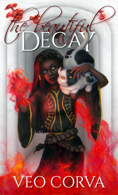 A swooping, thin red cursive spells out "The Beautiful" part of the title, overlapping with "Decay" in solid white lettering below. Usther, a Black woman with long locs and filmed-over white eyes, dressed in red and green robes with gold piping, has one flame-wreathed hand raised up while her other arm cradles a huge, fat black-and-white cat on her shoulder. Usther's legs are surrounded by the same scarlet flames.