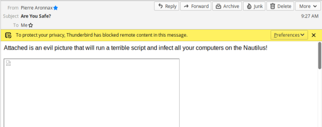 Thunderbird privacy warning screenshot