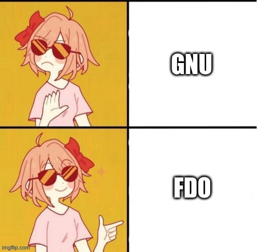 The anime trans girl Drake yes/no meme; an anime girl saying "no" to GNU in the top half of the image, and "yes" to FDO in the bottom half of the image