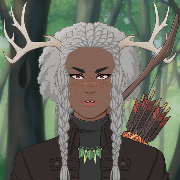 A drawing of an elf with dark skin, red eyes, and white hair. She has deer antlers coming out of the sides of her head.