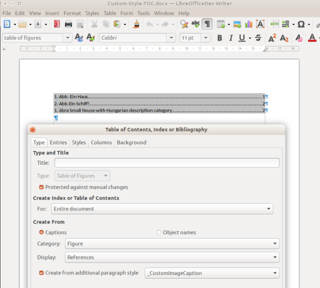 Screenshot of dialog box for Tables of Contents/Features