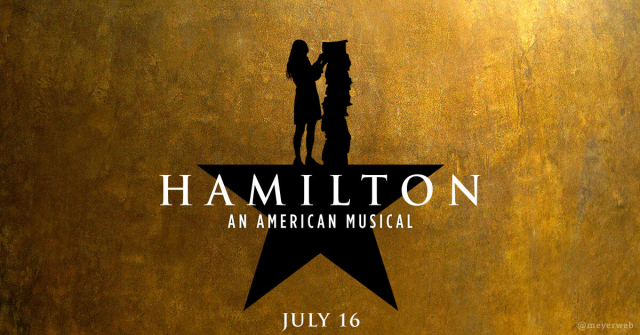 The logo for “Hamilton: An American Musical”.  At the top of the silhouetted geometric star, instead of the outline Lin-Manuel Miranda pointer skyward in his Alexander Hamilton garb, there is instead the outline of Margaret Hamilton standing next to a tall stack of printout of the code that ran Apollo 11.  Below the star it says “July 16”.
