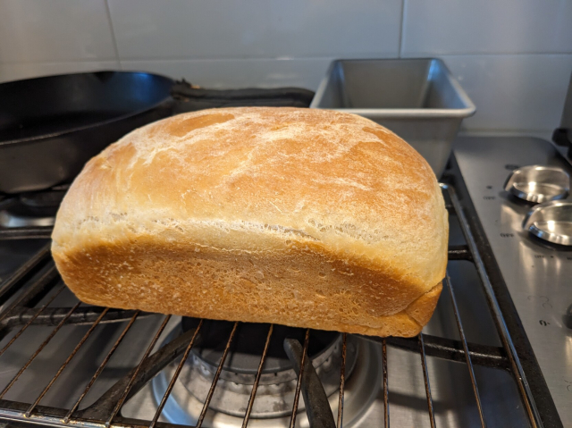 Bread out of the pan on a cooling rack. There's a little tearing at the sides because I didn't slash the top. The sides are perfectly golden brown.