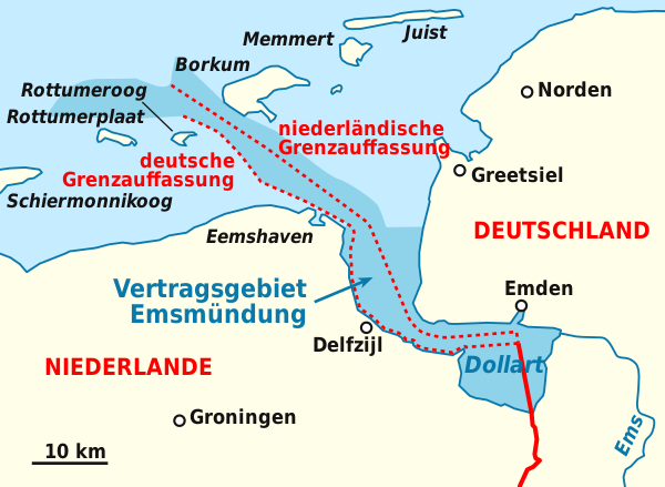Map showing the German-Dutch border dispute at the mouth of the Ems river