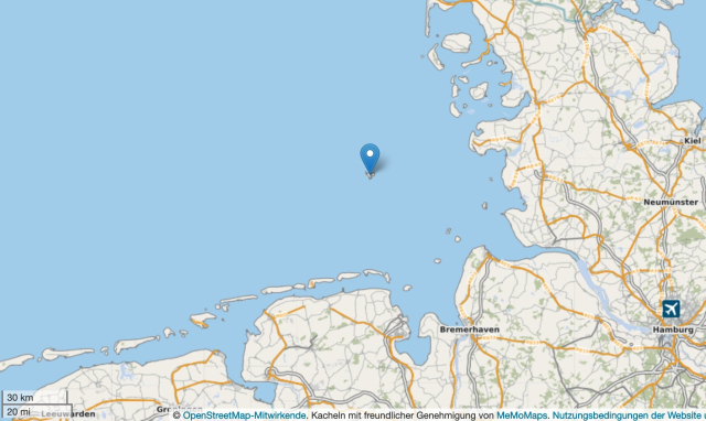 Map showing the location of Helgoland in the North Sea