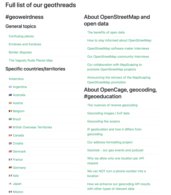 Screenshot of the page on the OpenCage blog listing all the geothreads