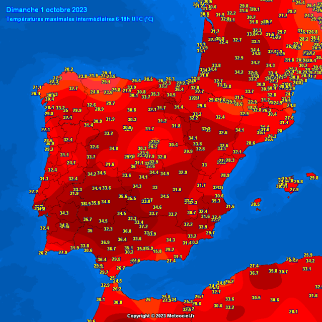 Map showing today's high temperatures in Spain and Portugal