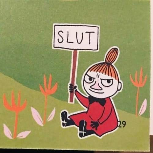 Illustration of Moomin humanoid character Little my sitting in a field holding a sign that says slut. In Swedish this means the end.
