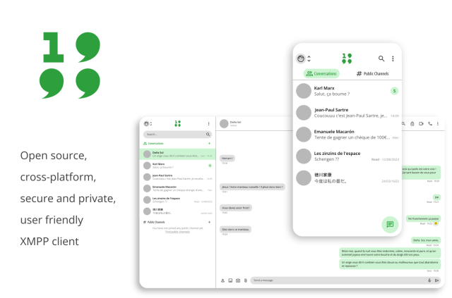 The picture shows the project logo (1999, with the nines looking like chat bubbles), two screenshots of the user interface, and a few lines that say "Open source, cross-platform, secure and private, user friendly XMPP client".