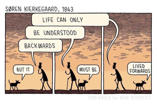 a three panel comic about Søren Kierkegaard in which the text of the man reads backwards and the dog forwards "Life can only be understood backwards" and the dog "but it must be lived forwards"