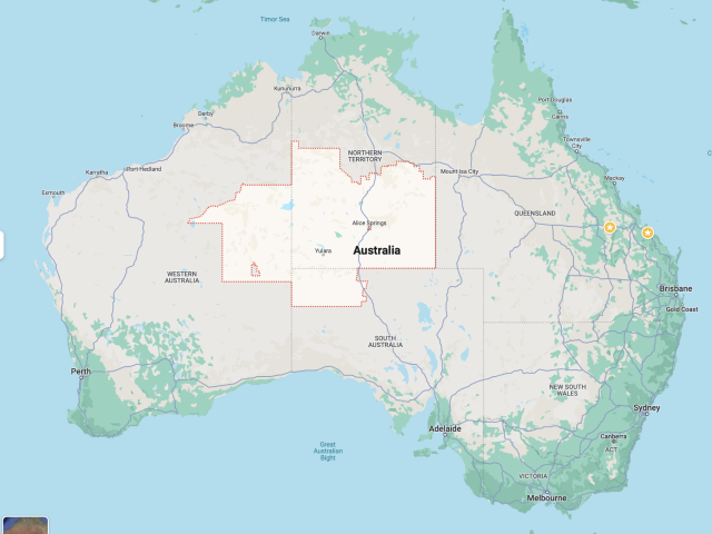 Map of Australia showing the 0872 postcode covering half of NT, a portion of WA and a section of SA.