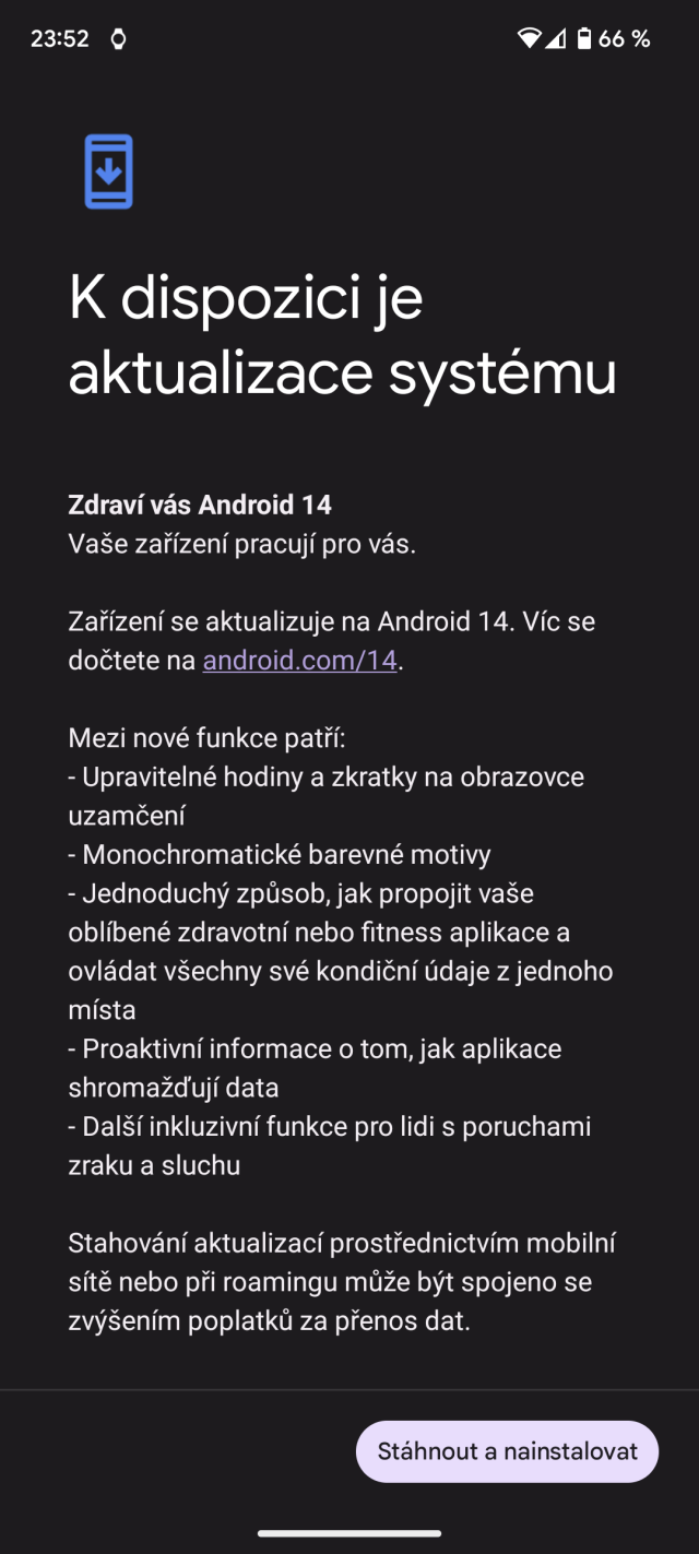 Příprava instalace Android 14 na Google Pixel 7a.
