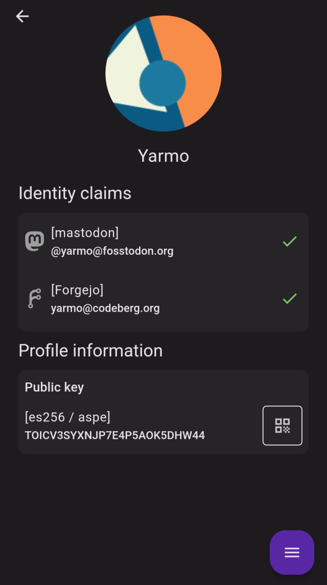 Screenshot of the new Keyoxide mobile app, displaying a person's Ariadne Signature Profile with two successfully verified identity claims