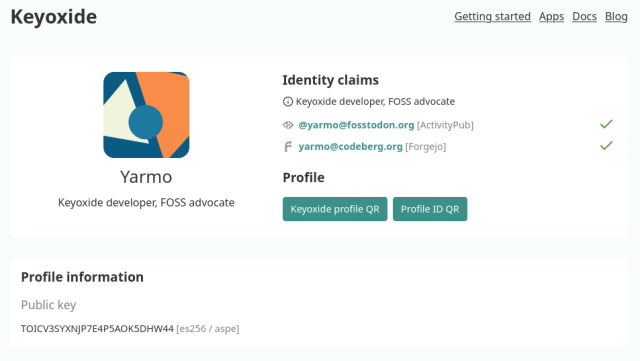 Screenshot of the Keyoxide.org website displaying a person's profile page with two successfully verified identity claims. The overall theme of the page is teal.