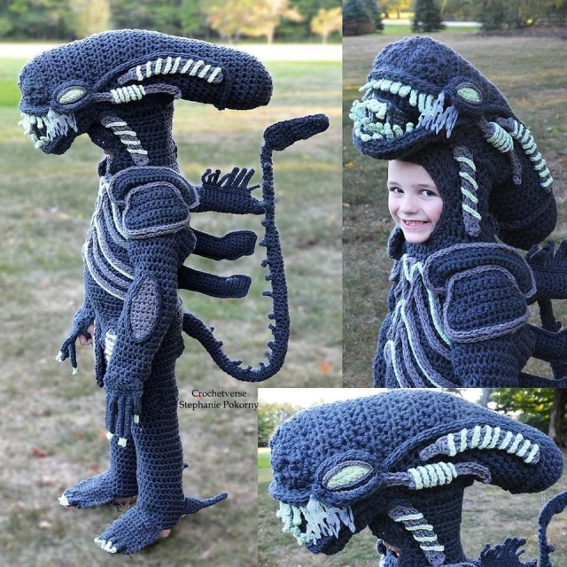 Crocheted Alien costume for a child.
#Crochet by Stephanie Pokorny: 
 #Crochetverse 
https://crochetverse.com/crochetverse-costume-gallery/ 

