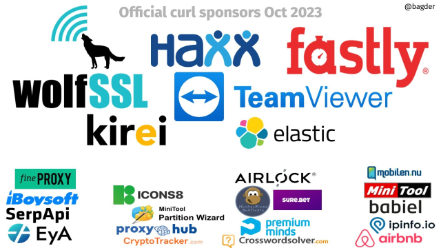 Official curl sponsors Oct 2023

wolfSSL, Haxx, Fastly, Kirei, TeamViewer, Elastic and a set of awesome silver sponsors