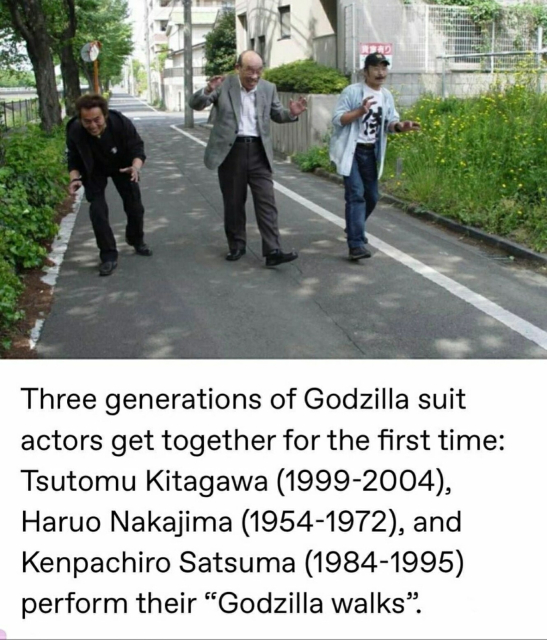 Three generations of Godzilla suit actors all showing their “stance” together. 