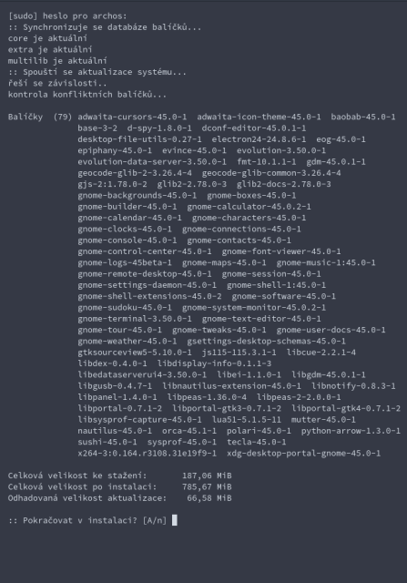 screenshot  z terminálu s aktualizací Arch Linuxu