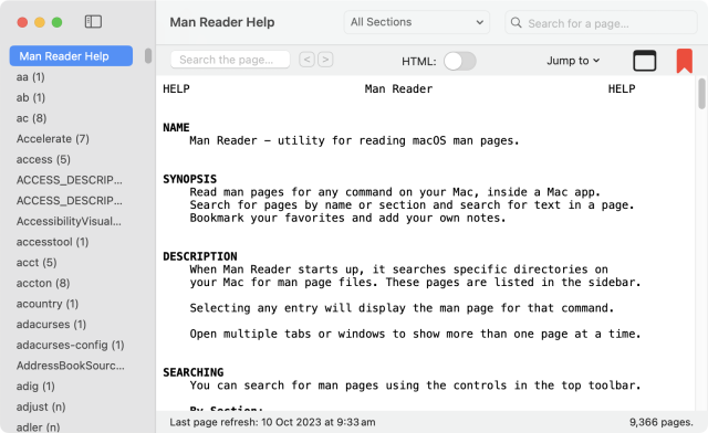 Man Reader app showing its own man page.