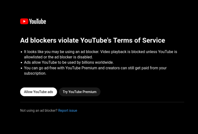 YouTube's warning after I disabled the adblocker, showing that it did not detect the change.
