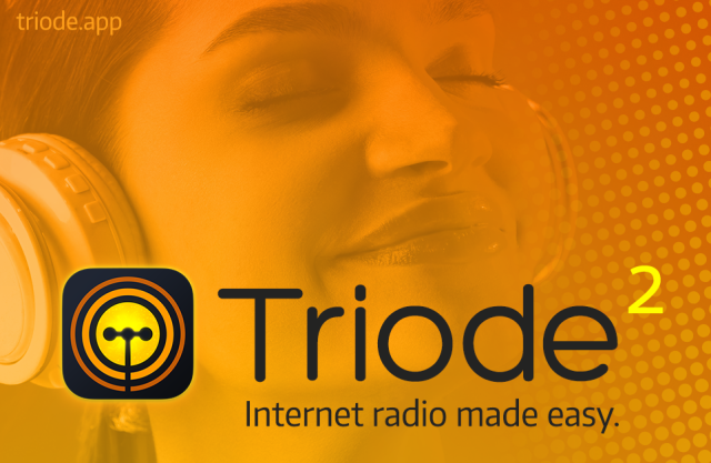 A woman with her eyes closed listening to music with her headphones. Triode - Internet Radio Made Easy. The app's URL is triode.app