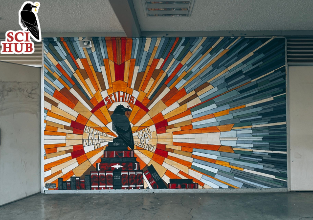 A mural showing red and blue rays emanating from a raven holding a key in its beak, sitting on top of a pile of books.  Above the raven is the word "SciHub" and around it the worlds "Remove all barriers in the way of science"