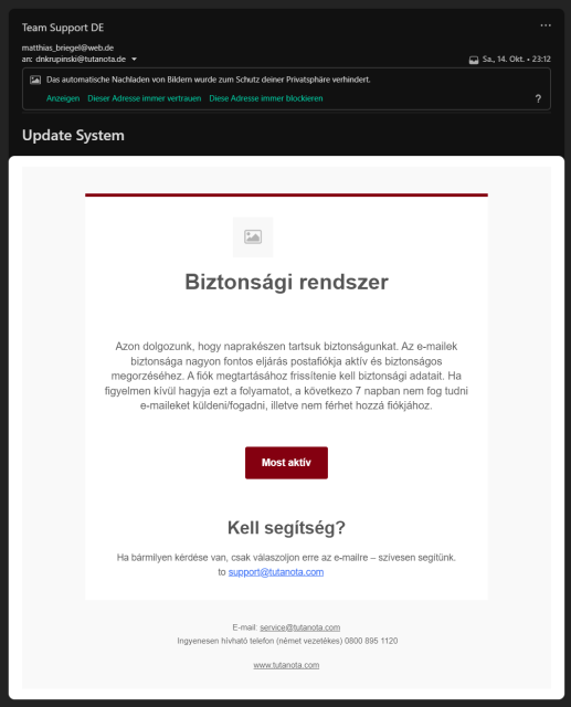 Bildschirmfoto einer Phising-E-Mail in ungarischer Sprache. 
Absender: matthias_briegel@web.de 