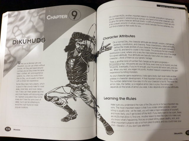 A double-spread from the book, Chapter 9, "DikuMUDs." Section headings include "Character Attributes" and "Learning the Rules." A man with a whip is drawn across the pages. 