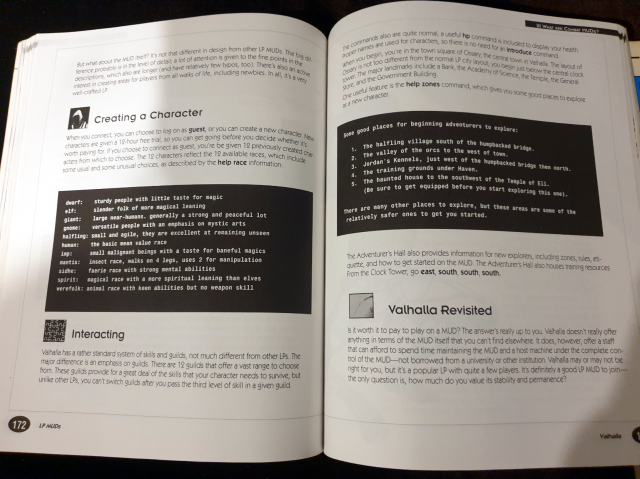 Two pages from the book, showing its habit of formatting MUD transcripts in a cute little "terminal window" illustration. 