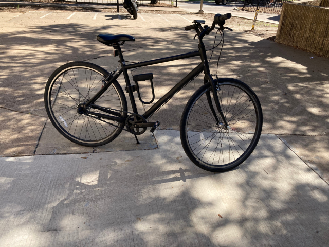 A black-colored, belt-driven bike without any fancy bells and whistles. I lease it from my university. It works great, and that's what matters.