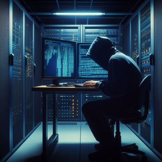 Obrázek hackera sedícího v potemnělém datovém centru, před sebou obrazovku a klávesnici a kóduje na serveru. Realisticky