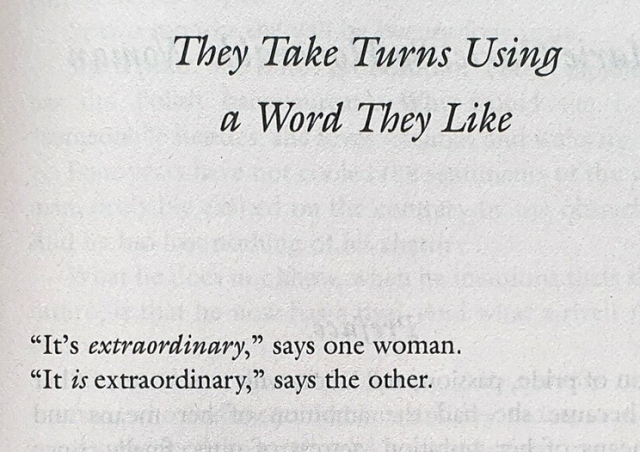 A page from Lydia Davis's Collected Stories. Title: 'They Take Turns Using a Word They Like'.
Story text:
'It's *extraordinary*,' says one woman.
'It *is* extraordinary,' says the other.