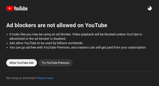 Screenshot of YouTube homepage bothering users to disable ad blockers so that they can monetize them with intrusive advertisements.
