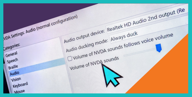 Screenshot of NVDA's new audio settings screen, shown on an angle with large turquoise mouse pointer and with borders in NV Access purple, orange and turquoise