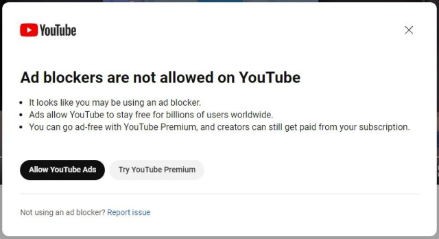 YouTube notice:

Ad blockers are not allowed on YouTube