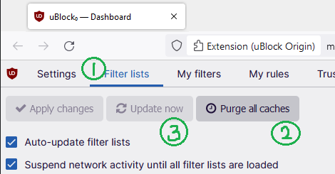 annotated screenshot showing the filter lists tab, purge all caches button, and update now button in the uBlock Origin addon settings.