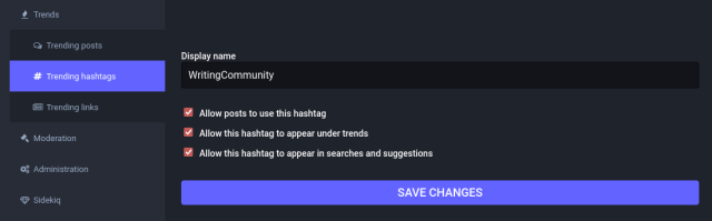 Screenshot of the trends moderation interface. There's a "Display name" text field where I have changed the W and C in WritingCommunity to uppercase letters.