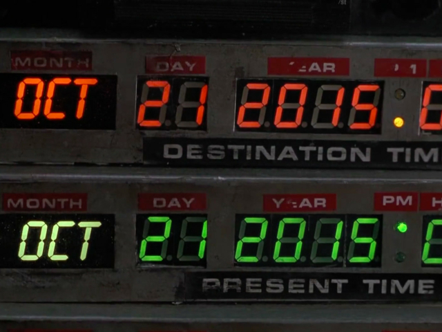 A time machine interface showing the destination and present time as October 21, 2015
