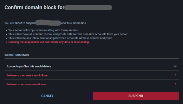 A screenshot of the mastodon admin panel for the 'domain block' feature. More specifically in this screenshot it shows a warning that creating the domain block would sever the relationship of multiple users.