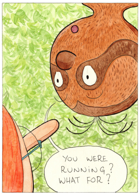 Panel 2: close-up on the sloth's face. "You were running? What for?"