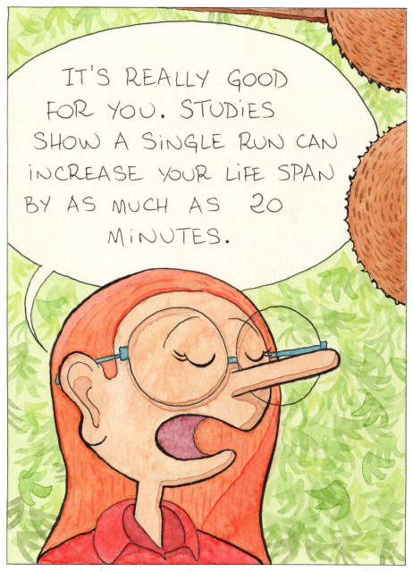 Panel 3: close-up on Alice's face. "It's really good for you. Studies show a single run can increase your life span by as much as 20 minutes."