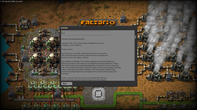 A screenshot of the game factorio. The list of licenses is opened and the libcurl license is visible. The background shows in-game content such as uranium processing, nuclear reactors and steam turbines.