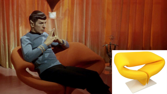 Spock sits on an Artifort F582 Ribbon Chair in an episode of Star Trek: The Original Series. Overlaid in the corner is a commercial product photo of the same model of chair as viewed from a similar angle.