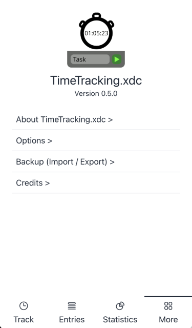 screenshot of the new iteration of the more-tab.
It shows the icon, name and version of the app on the top.
Following that there are 4 navigation links to sub-pages:
- About Timetracking.xdc
- Options
- Backup (Import / Export)
- Credits