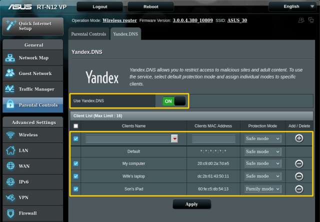 Screenshot of the Asus router config web UI, showing a "Use Yandex.DNS" toggle switch.