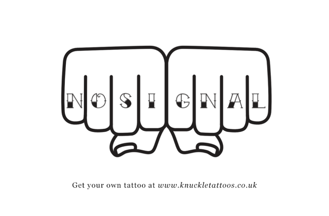 knuckle tattoo mockup of "NOSI" on one hand, "GNAL" on the other, spelling "no signal"