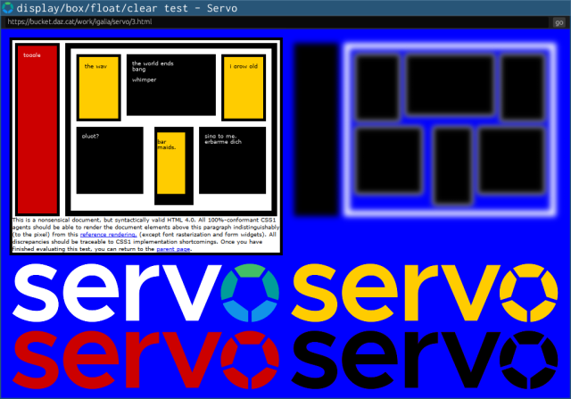 screenshot of servo running a modified version of the acid1 test, with blurred drop-shadow() filters on the major boxes (dd, dt, li, h1, blockquote) and crisp drop-shadow() filters on a servo logo below